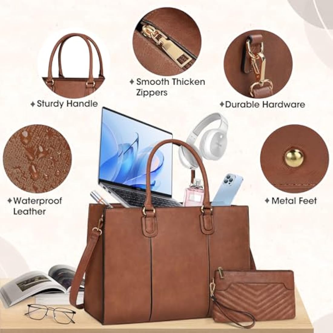 NEWHEY 15.6 Inch Laptop Bag for Women | PU Leather Work Tote with Clutch