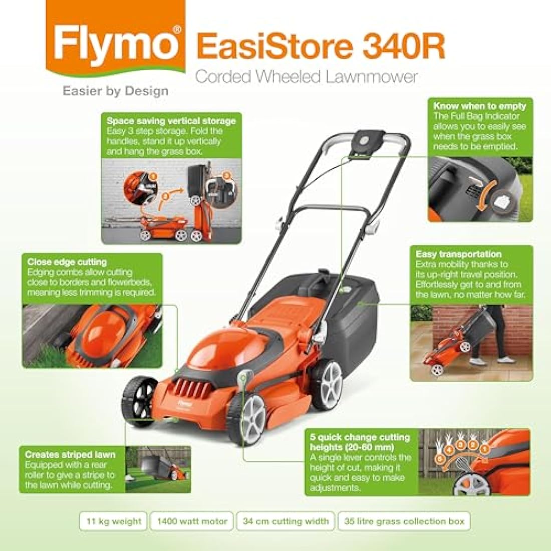Flymo EasiStore 340R Electric Rotary Lawn Mower - 1400W, 34cm
