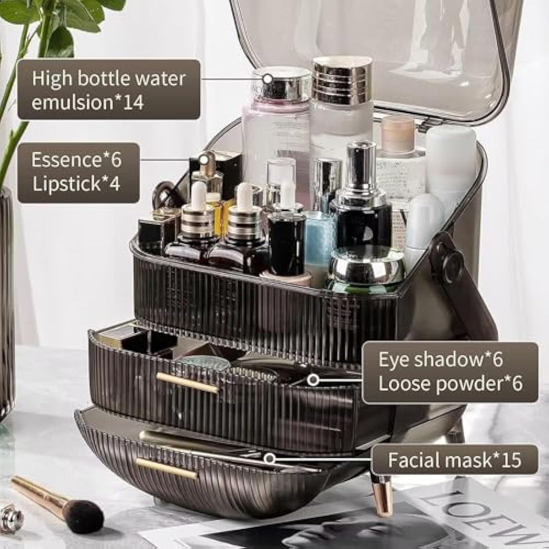 SIOOUI Makeup Organizer – 3-Layer Large Cosmetic Display Case, Clear Gray