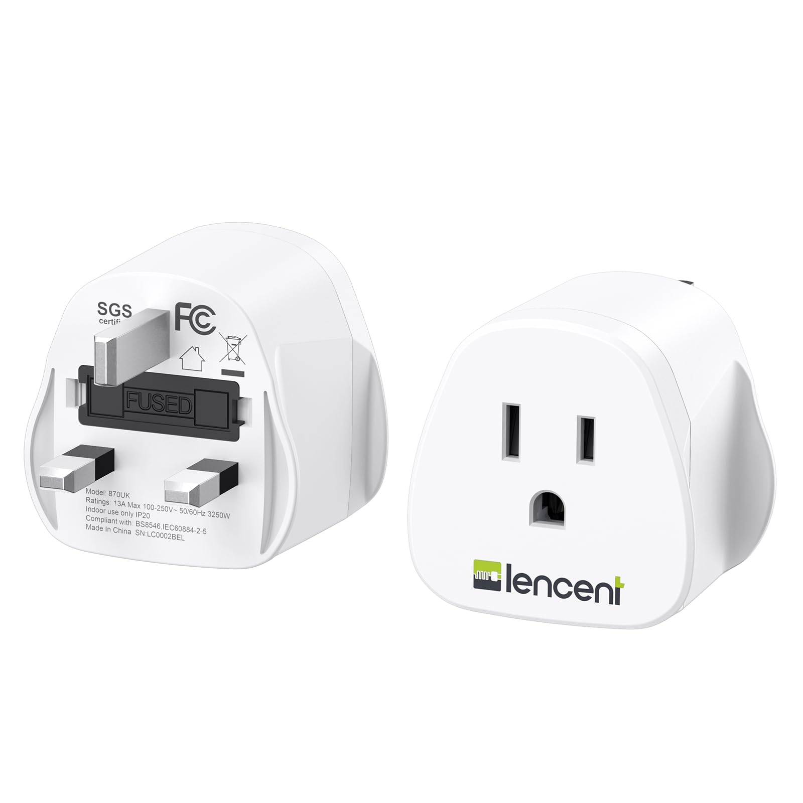 LENCENT US to UK Travel Plug Adapter | 13A Fuse | White, 2 Pack
