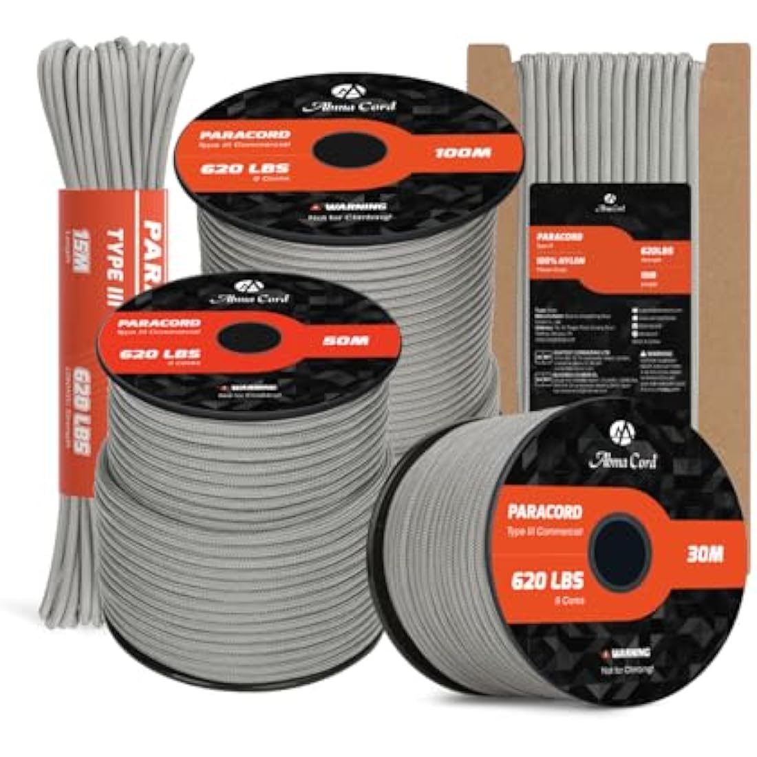 Abma Cord 4mm Type III Nylon Paracord – 9 Strands, 100m Rope (Grey)