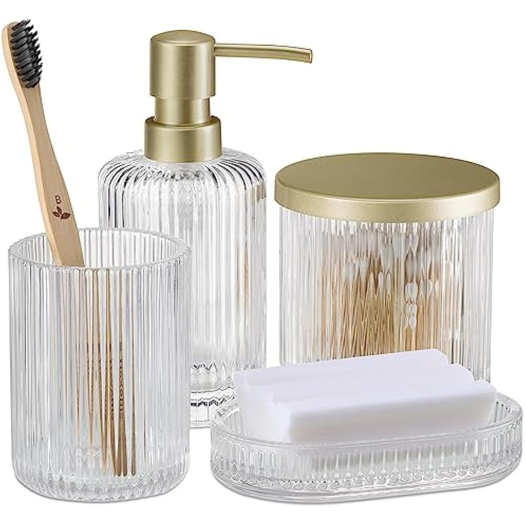 Navaris 4-Piece Ribbed Glass Bathroom Set | Clear & Gold Vanity Decor