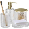 Navaris 4-Piece Ribbed Glass Bathroom Set | Clear & Gold Vanity Decor