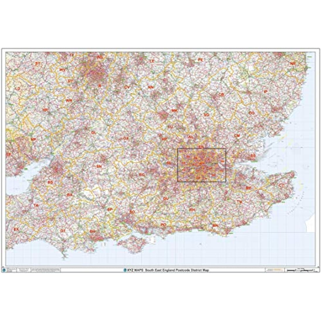 South East England Postcode District Wall Map |  Laminated