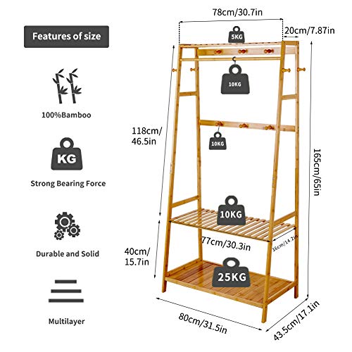 unho Bamboo Garment Rack - Free Standing Clothes Rail with 3 Shelves