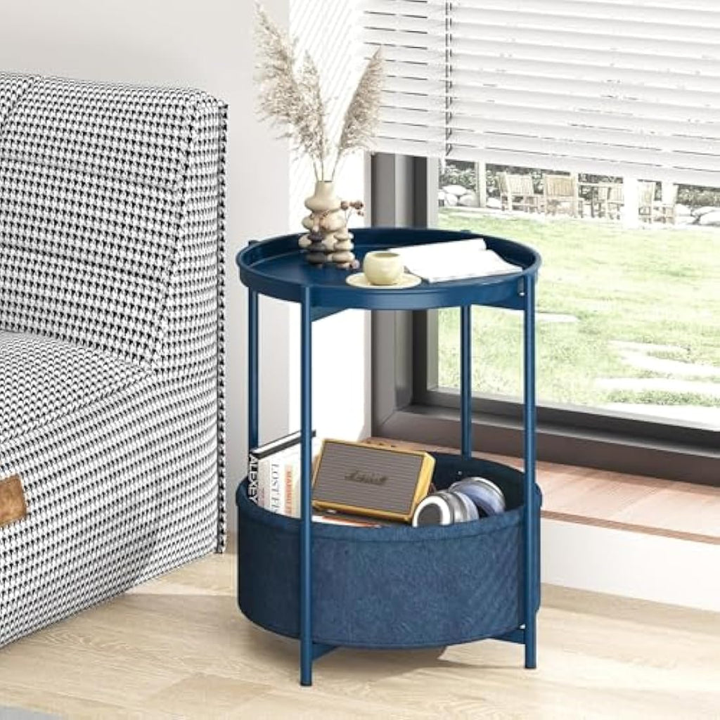 Huhote Round Side Table – Metal End Table with Storage Basket, Blue