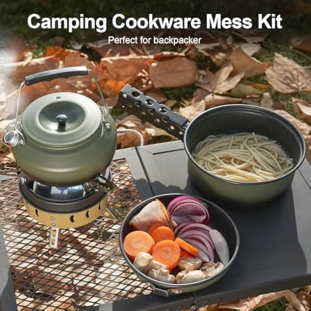 Odoland 5-Piece Camping Cookware Mess Kit | Non-Stick Pot Pan Kettle