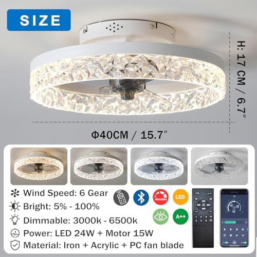 Exlafi Modern LED Ceiling Fan with Light - Dimmable 6-Speed White 40CM
