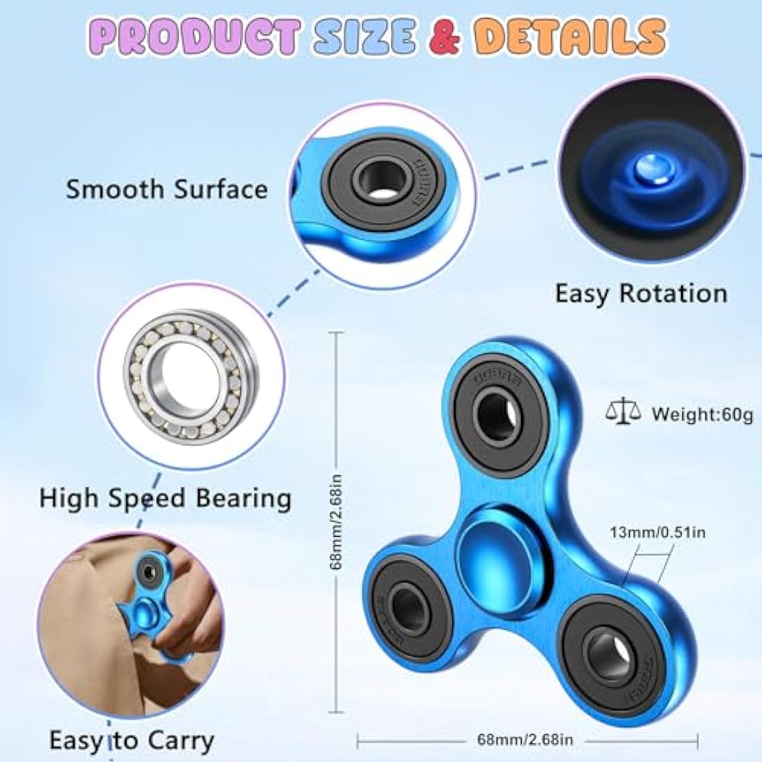 Aolcev Metal Fidget Spinner – Stainless Steel EDC Toy for ADHD, Blue