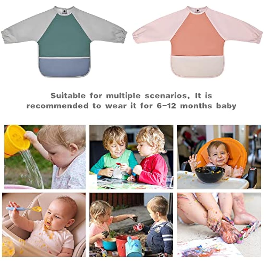 Vicloon Baby Weaning Bib – Waterproof Long Sleeve PU Feeding Apron, Green