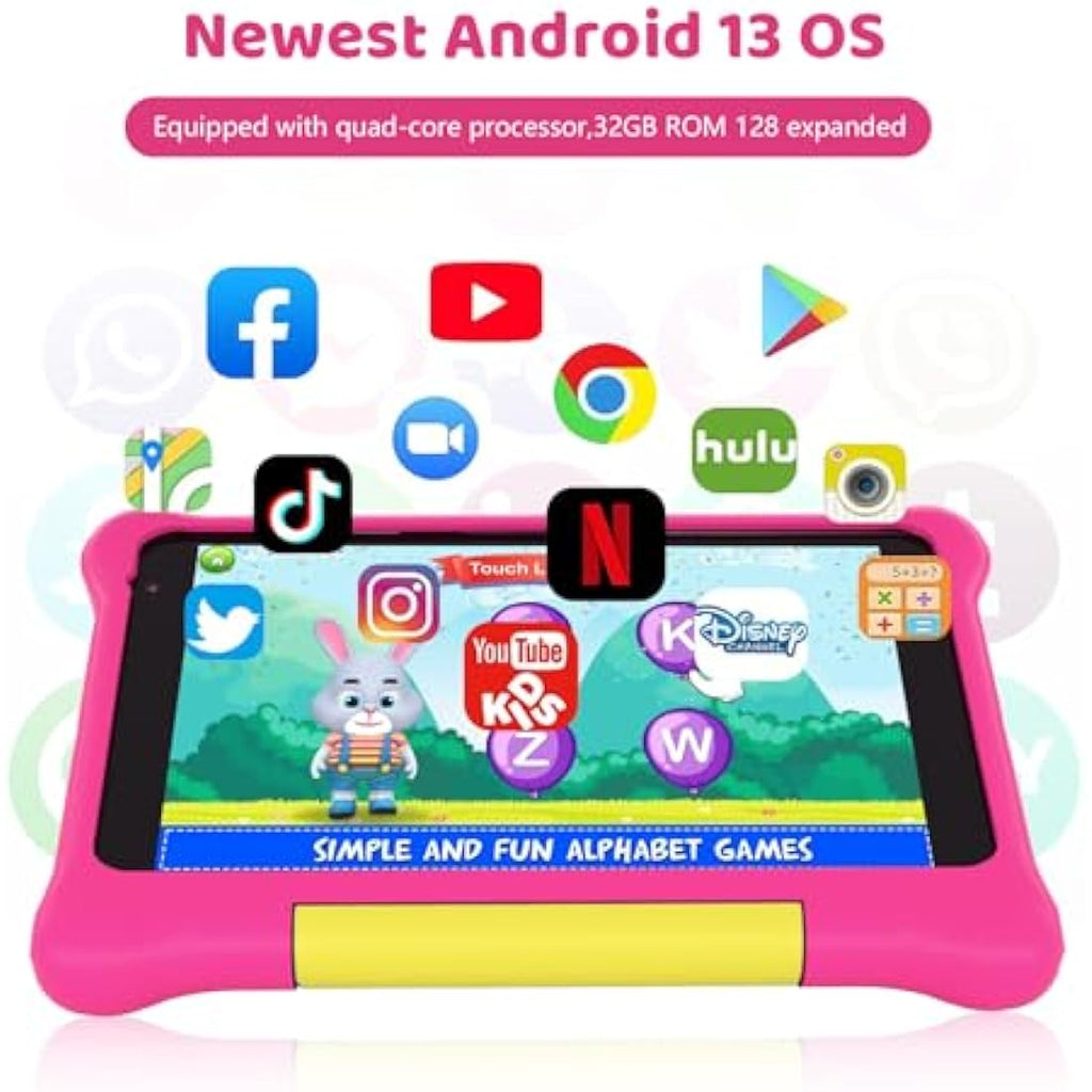 Ainmel 7 Inch Kids Tablet - Android 13, 5GB RAM, Parental Control (Pink)