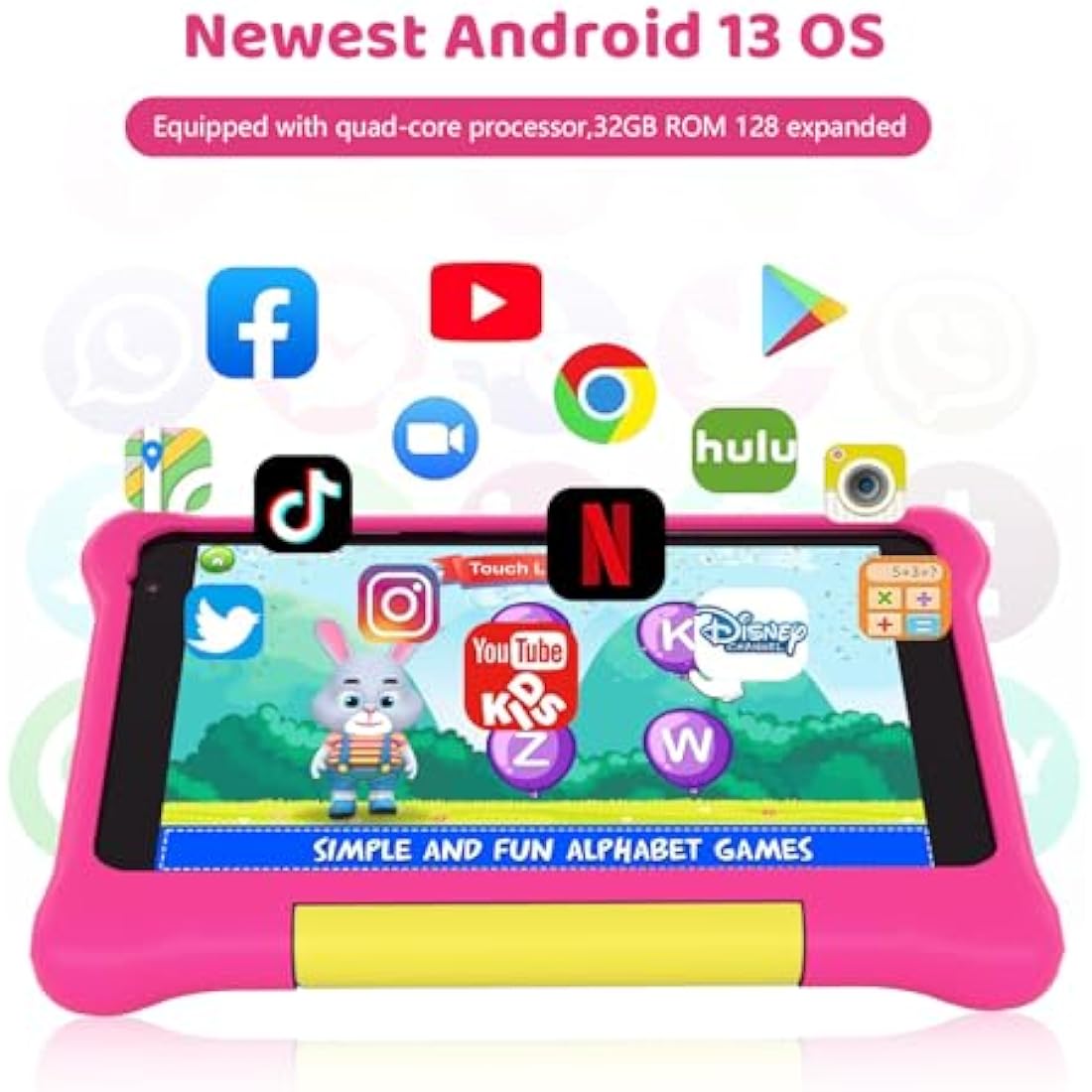 Ainmel 7 Inch Kids Tablet - Android 13, 5GB RAM, Parental Control (Pink)