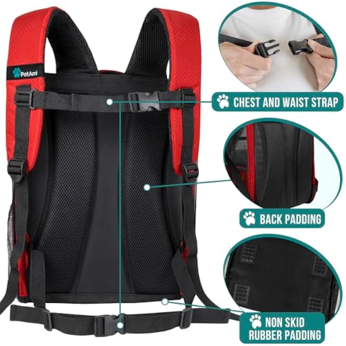 PetAmi Dog Backpack Carrier | Ventilated Airline Approved Hiking Bag - Red