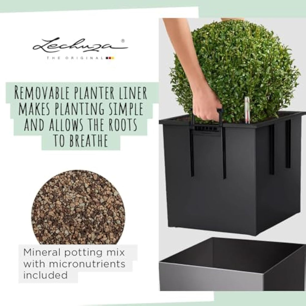 Lechuza CUBE 40 Self-Watering Planter | Charcoal Metallic Plastic Pot