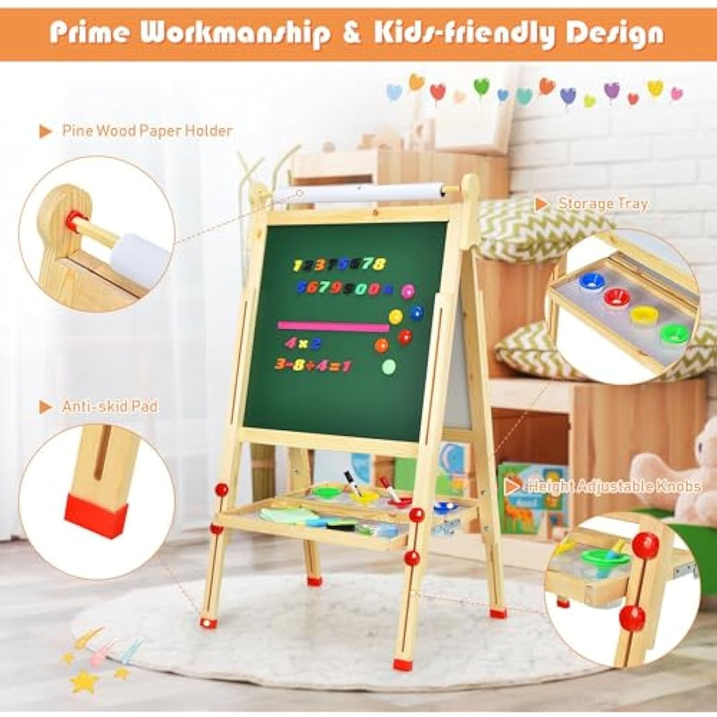 EAQ Kids Wooden Art Easel | Height Adjustable 3-in-1 Drawing Board