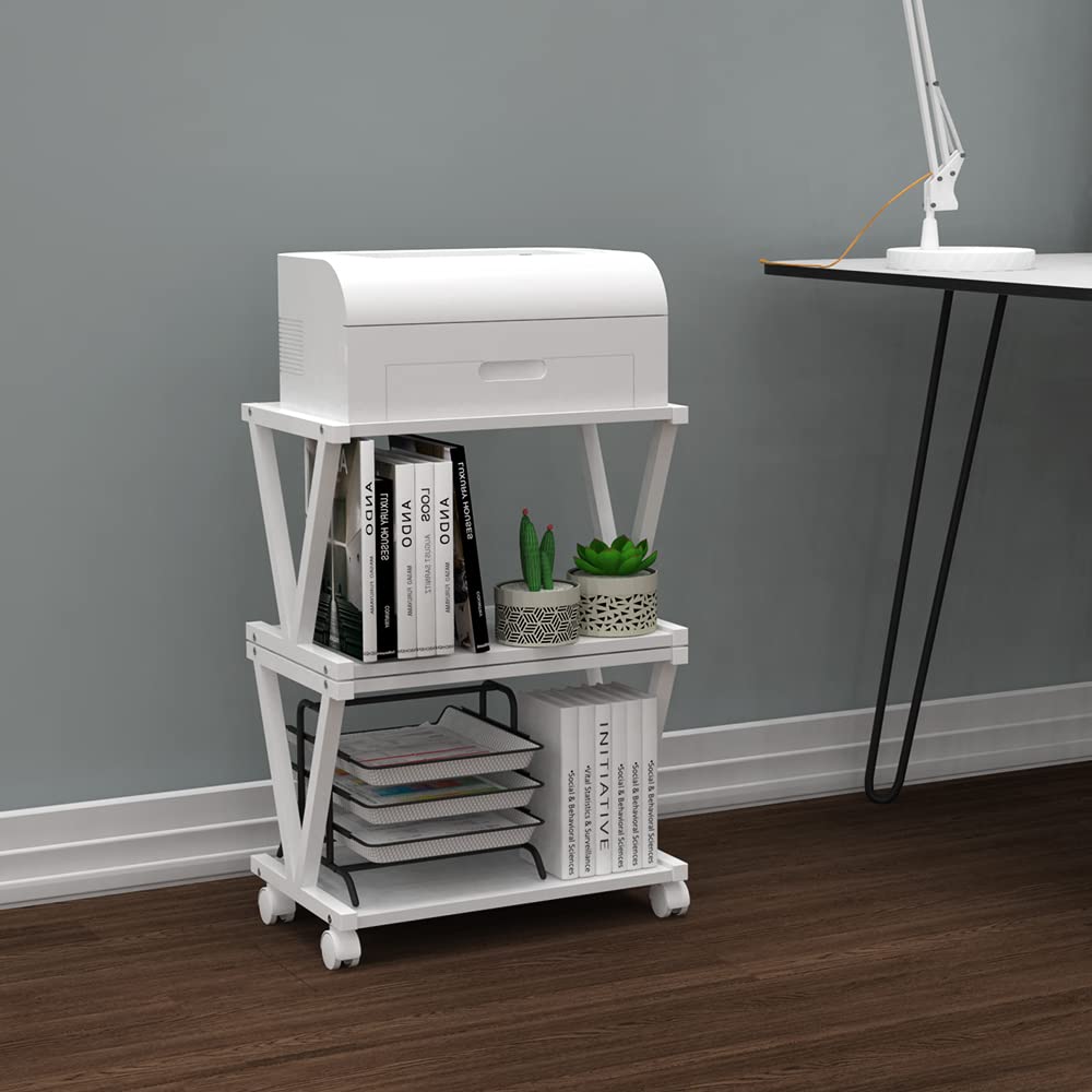 VEDECASA 2-Tier Printer Stand with Wheels | Wood Desktop Storage, White