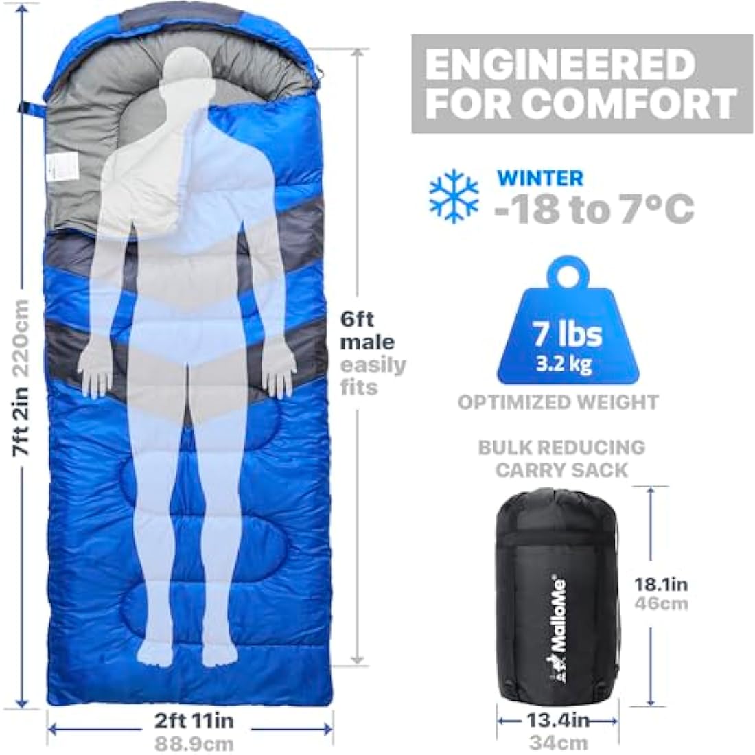 MalloMe 3-4 Season Sleeping Bag | Ultralight Cold Weather Camping Gear