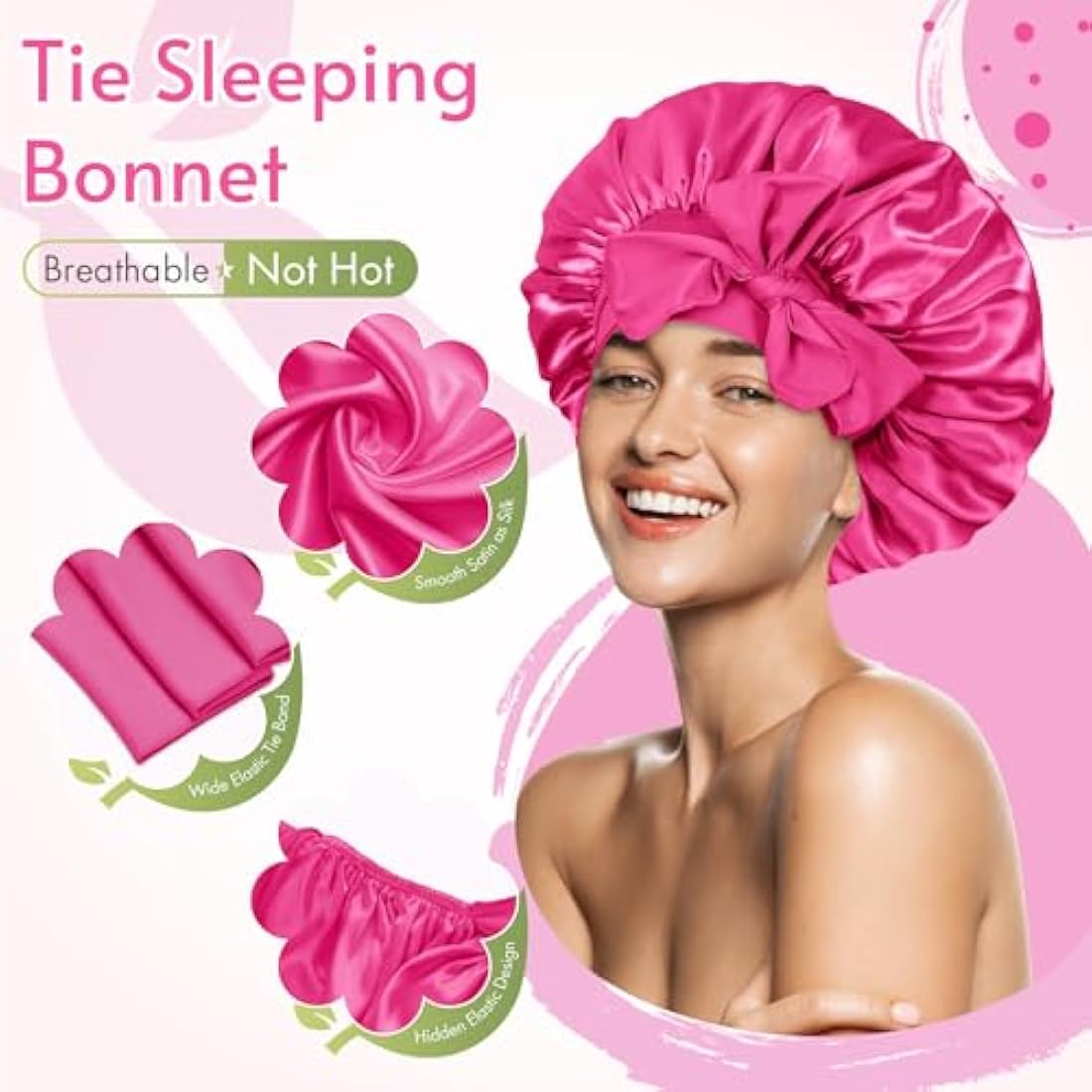 Silk Satin Bonnet for Curly Hair | Adjustable Tie Band, Pink