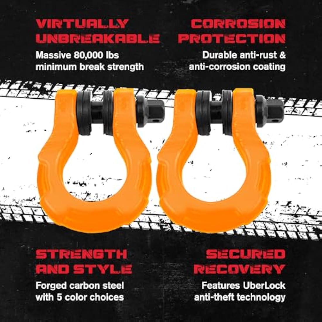 GearAmerica UBER Shackles - 80,000 lbs Anti-Theft D-Rings (2PK) Orange