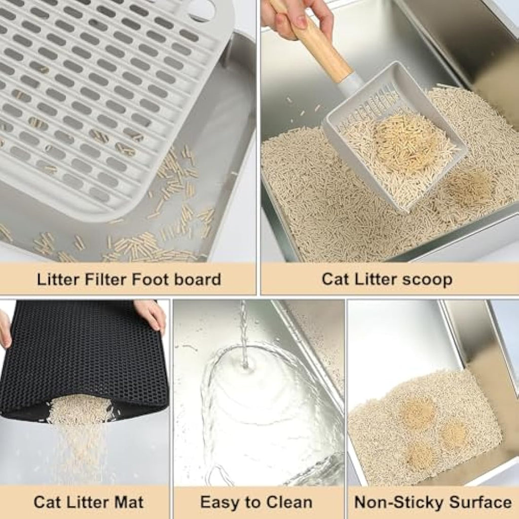 Jolof Store XL Stainless Steel Cat Litter Box with Lid and Mat