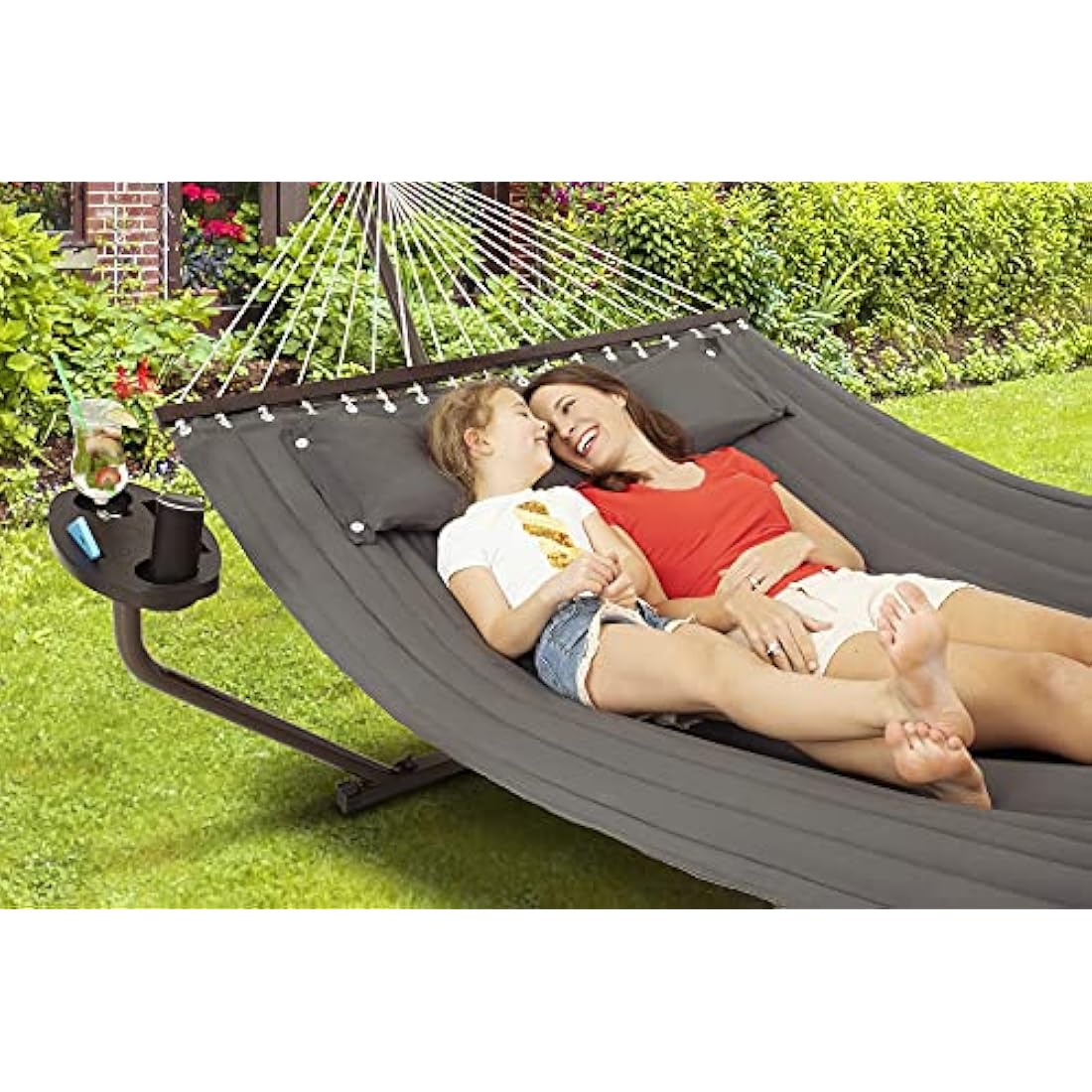 Vita5 Double Hammock with Heavy Duty Stand, Side Table & Pillow - Dark Grey