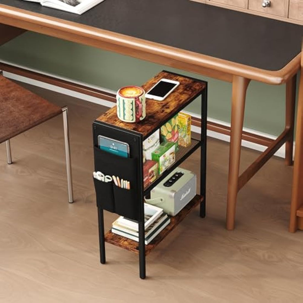 Yusong Narrow Side Table – 3-Tier Slim End Table with Storage, Rustic Brown