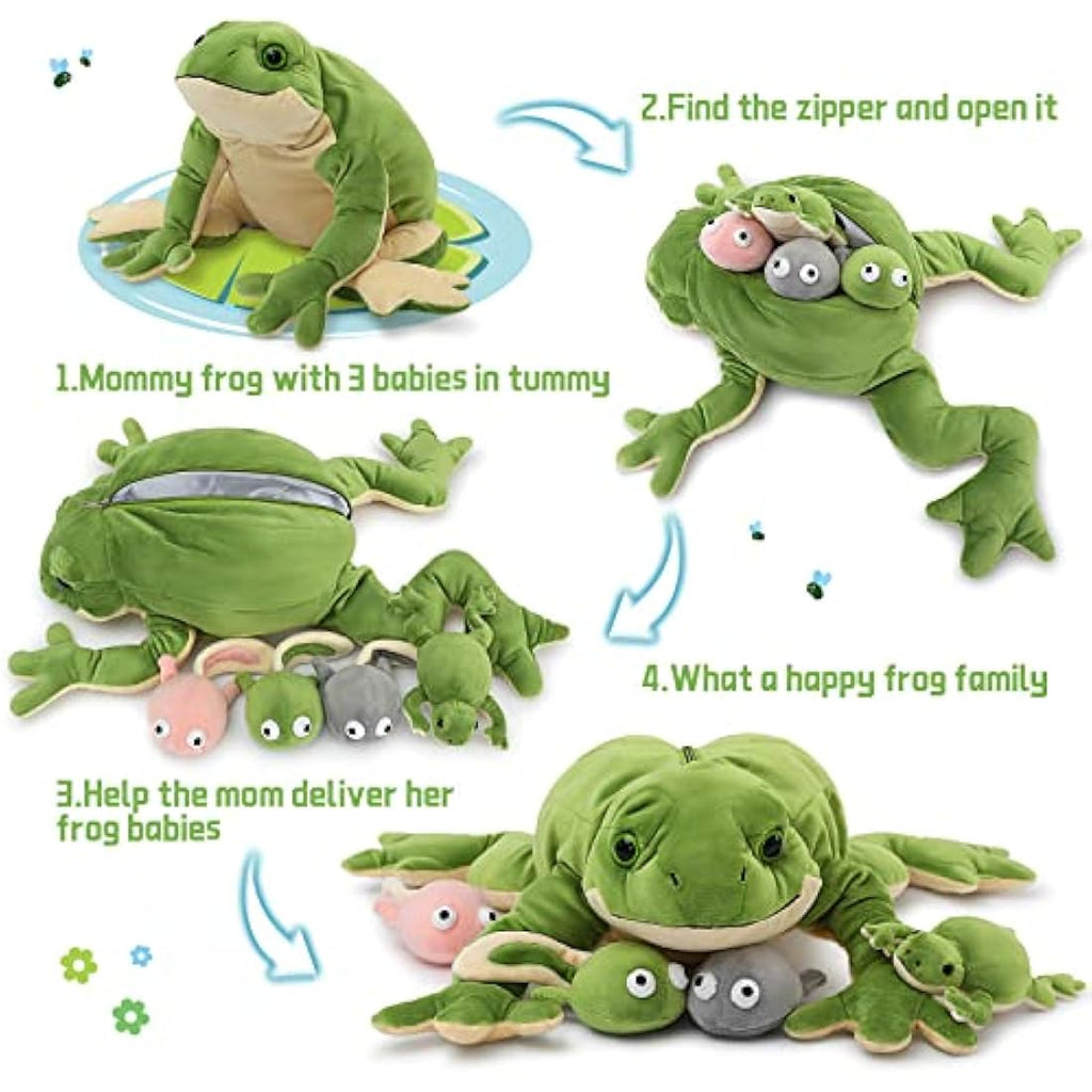 MorisMos 5-in-1 Frog Plush Toy with 4 Baby Tadpoles – 52cm Green Toad