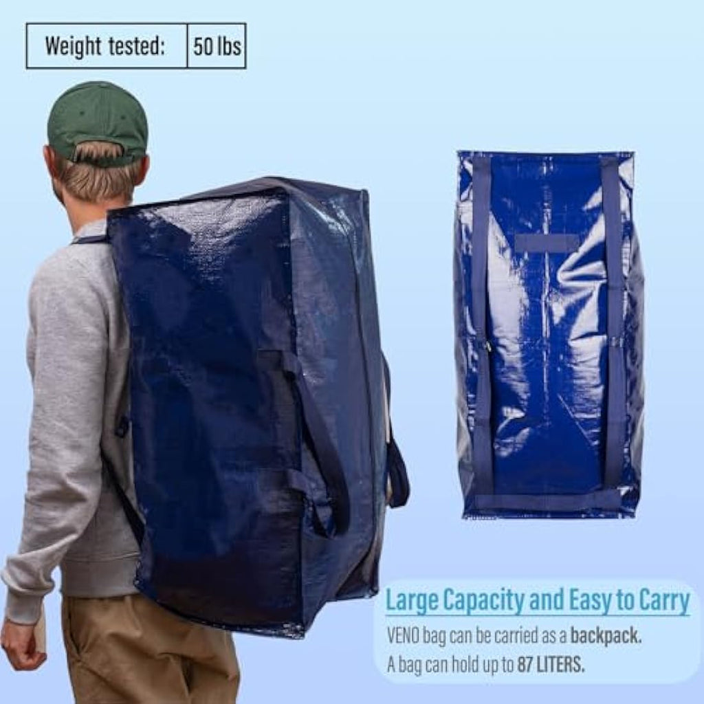 VENO Heavy-Duty Moving Bags with Backpack Straps - Blue, 4 Pack