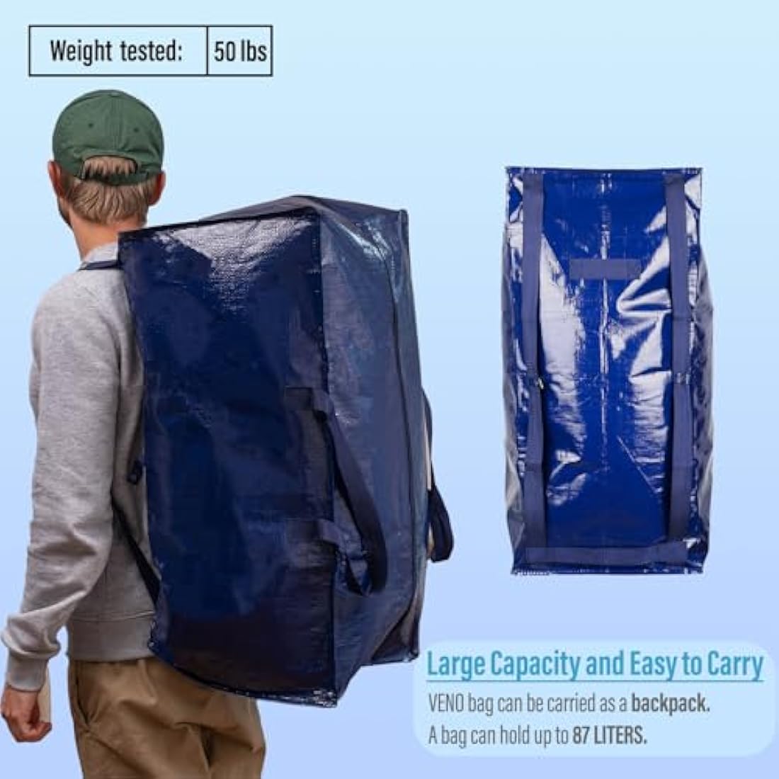 VENO Heavy-Duty Moving Bags with Backpack Straps - Blue, 4 Pack