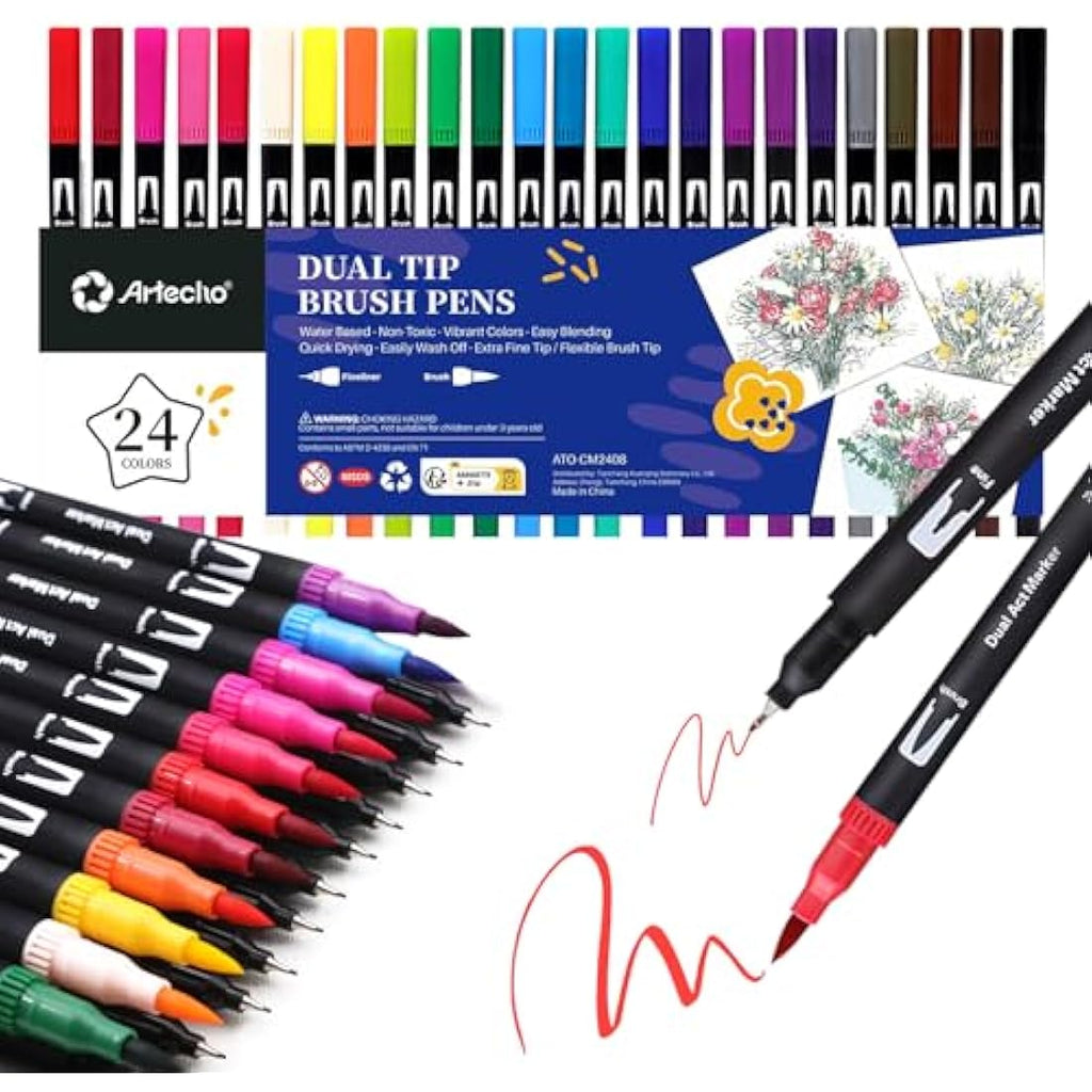 Artecho 24 Dual Tip Brush Pens | Fineliner & Brush Markers for Coloring