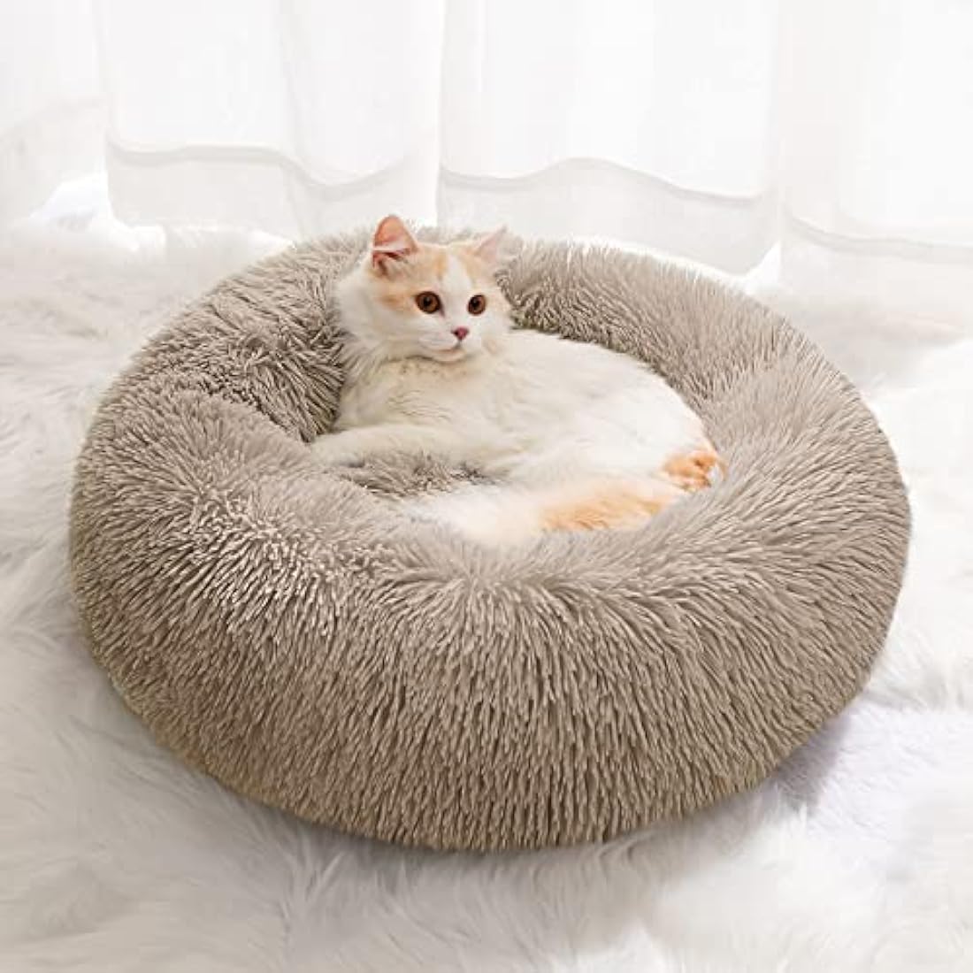 Jolof Store Calming Donut Cat Bed – Washable Faux Fur Pet Bed, Khaki