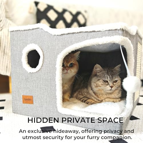 Spindro Large Cat Bed Cave – Foldable Indoor Cat House with Scratch Pad