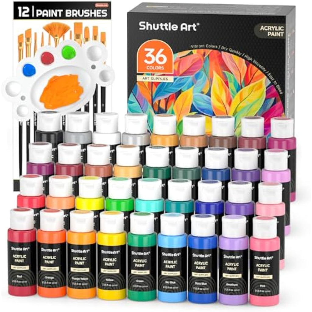 Shuttle Art Acrylic Paint Set - 36 Colors with 12 Brushes & Palette