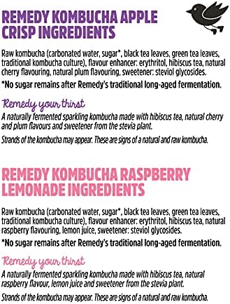 Remedy Kombucha Tea – Raspberry & Cherry Sugar Free Drink – 24 x 250ml