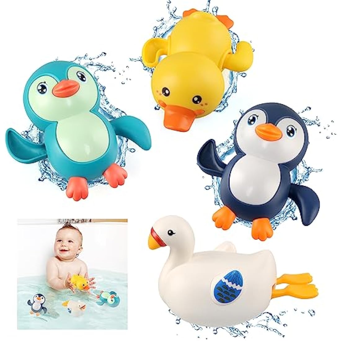 Baby Bath Toys – 4 Pack Wind Up Swimming Duck and Penguin