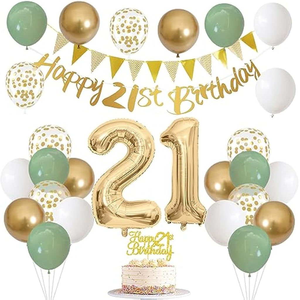 21st Birthday Decorations - Sage Green & Gold Party Supplies Kit