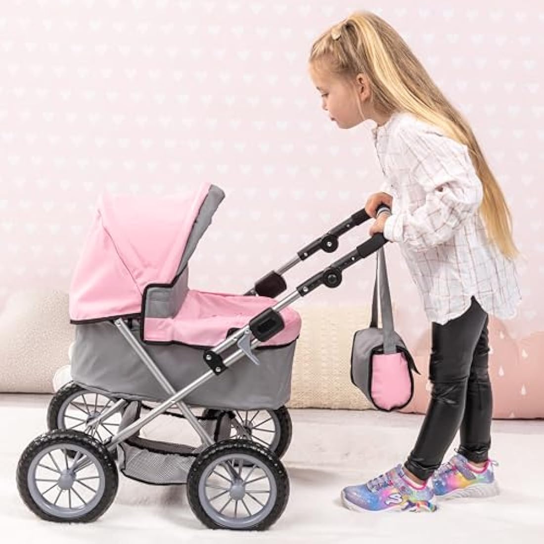 Bayer Design Dolls Pram Trendy – Foldable Toy Stroller, Grey-Pink Fairy