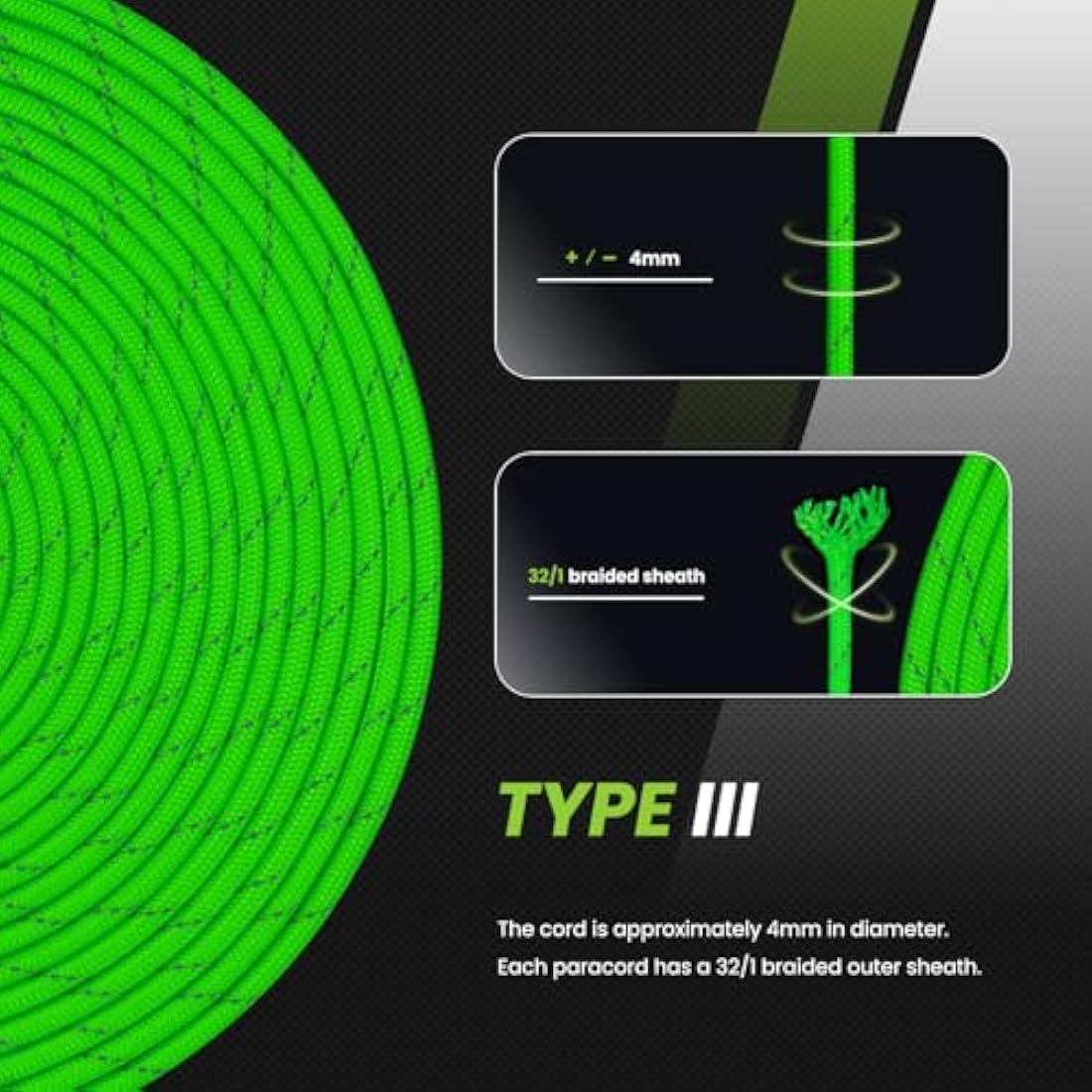 Abma Cord 550 Paracord – 100m Nylon Type III Rope, Reflective Green