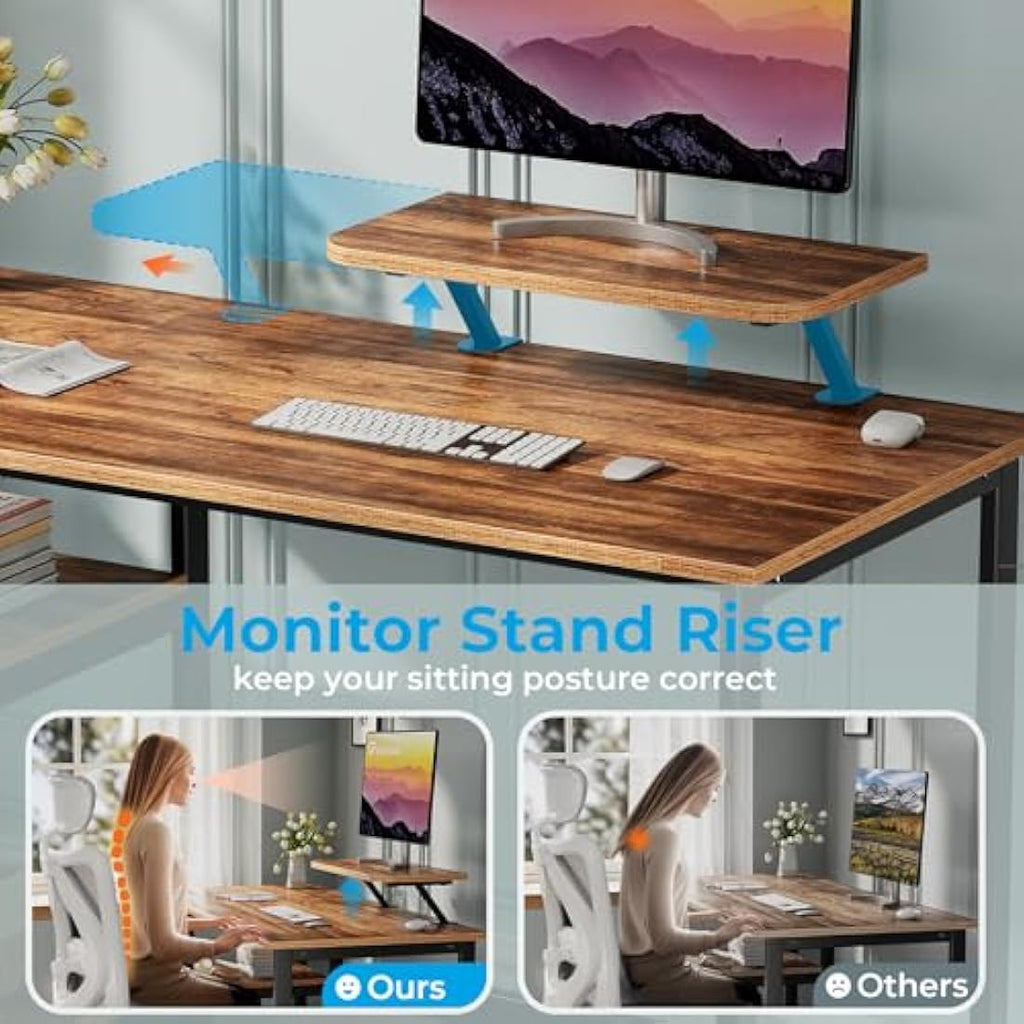 Jolof Store Computer Desk with Monitor Stand and Shelves – Brown