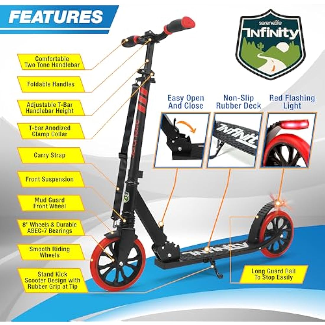 SereneLife Folding Kick Scooter | Big Wheels & Adjustable Handlebar