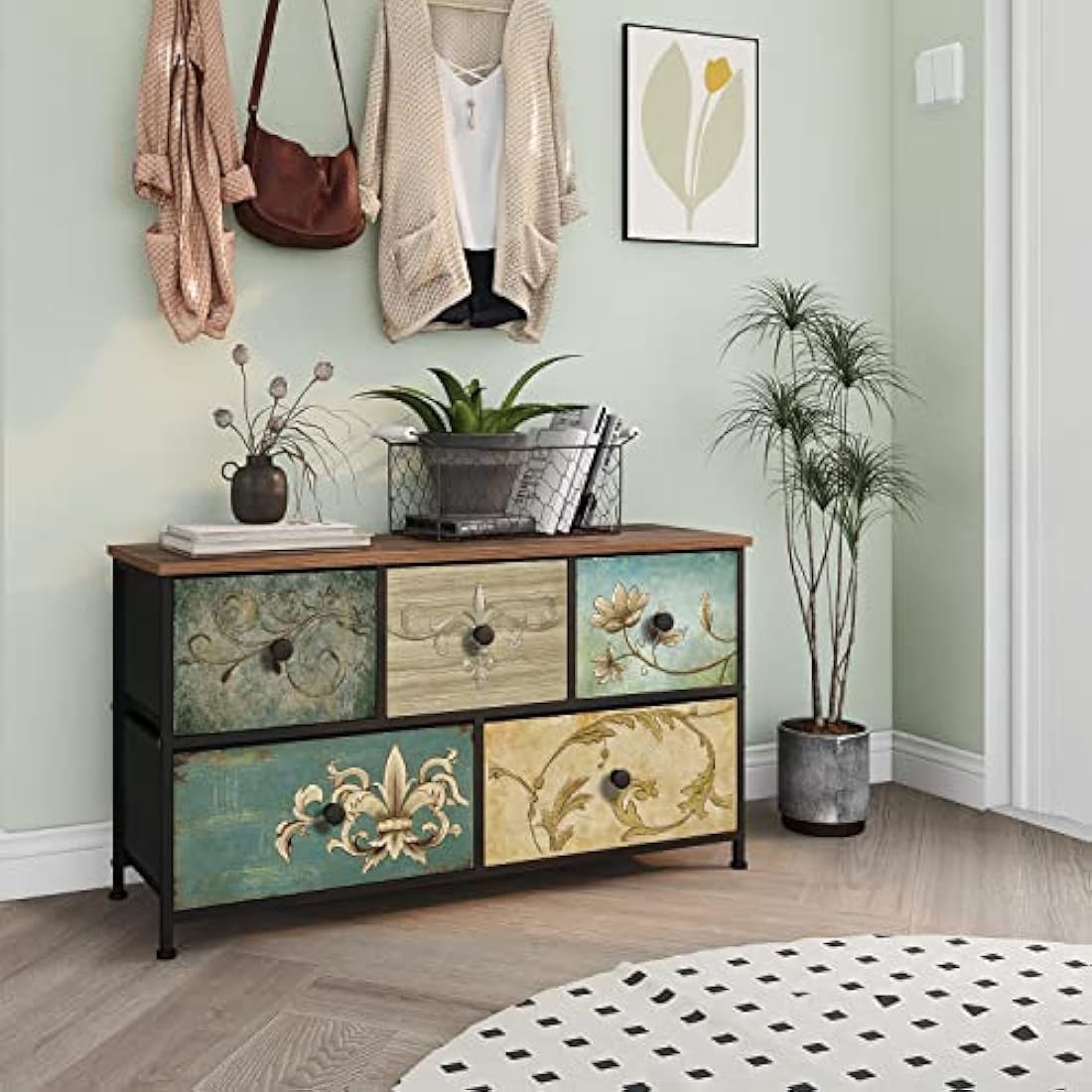 VEDECASA 7-Drawer Retro Fabric Dresser with Wooden Top