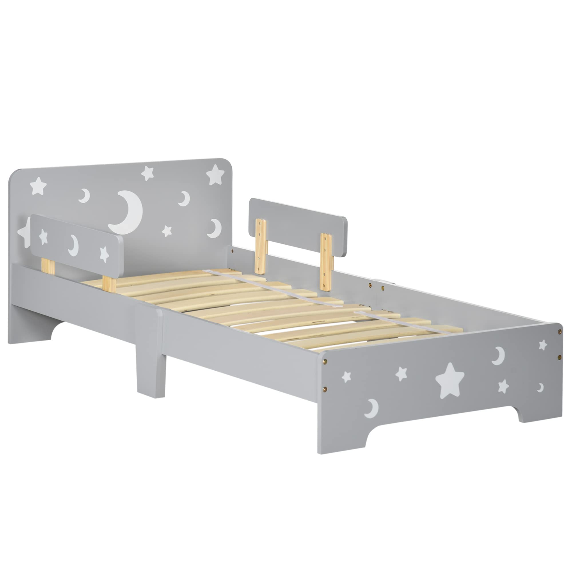 ZONEKIZ Kids Toddler Bed – Grey Moon & Star Bed Frame with Side Rails