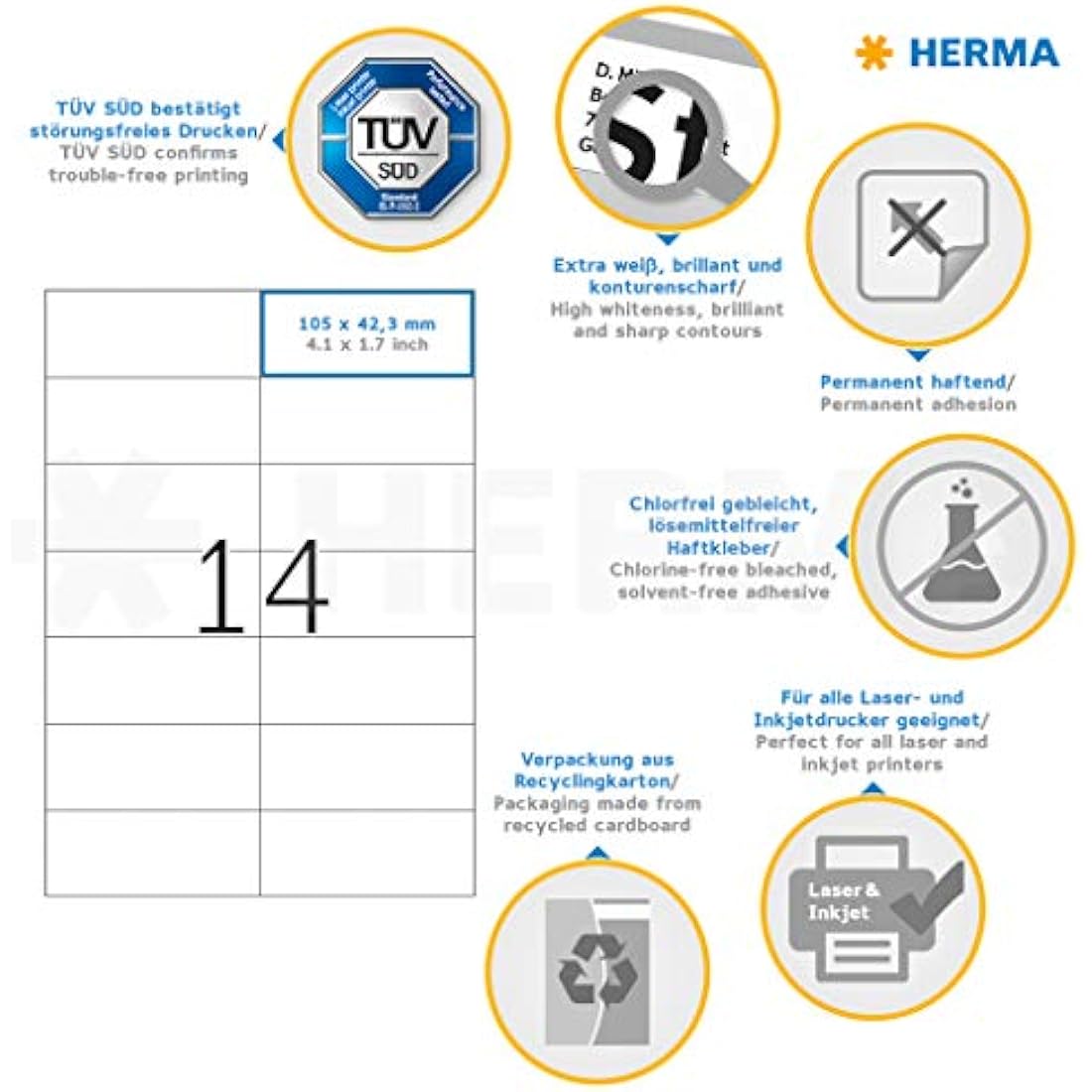 HERMA A4 Multipurpose Labels | 105 x 42.3 mm White Stickers | 200 Sheets