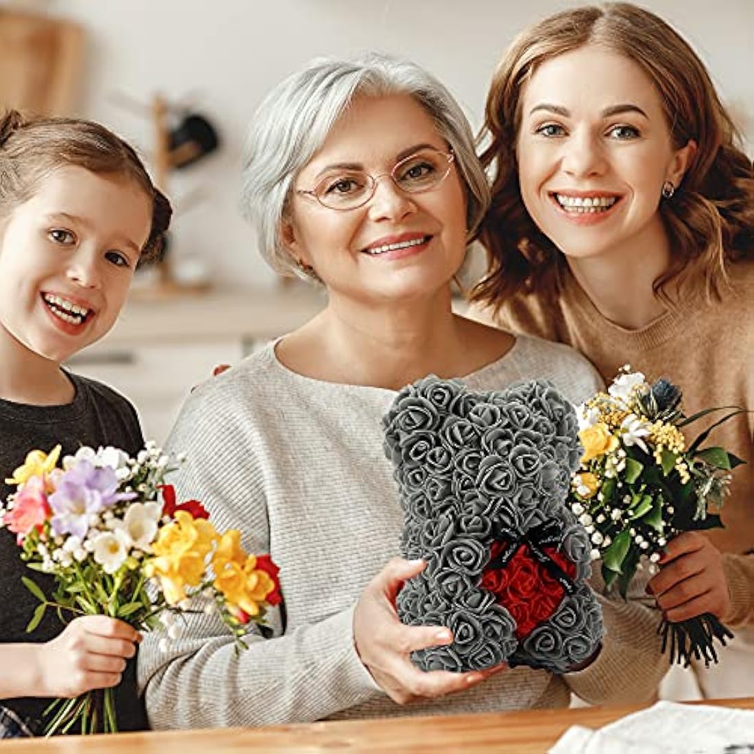 Jolof Store Rose Teddy Bear – Handmade Artificial Flower Gift (Gray)