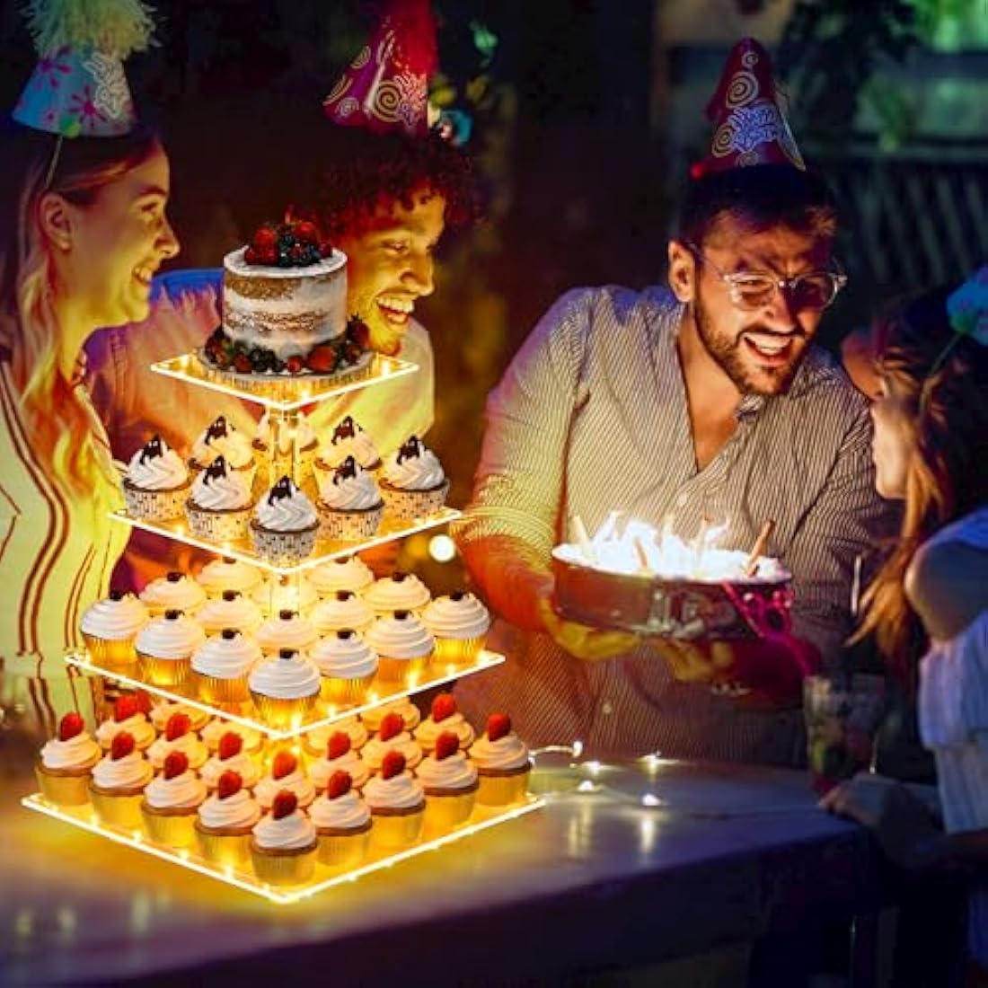 Jolof Store 4 Tier Acrylic Cupcake Stand with LED Light - 52 Cupcake Tower