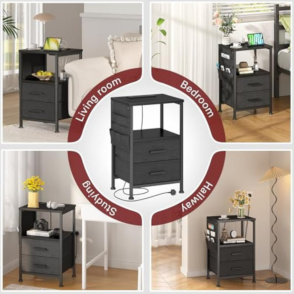 Industrial Nightstand with Charging Station & 2 Drawers