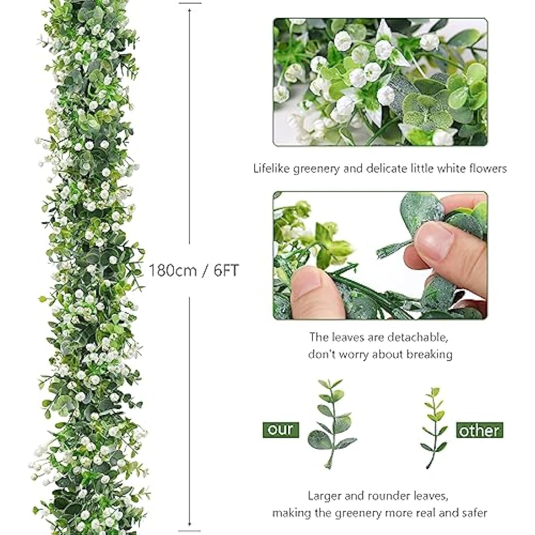 LOMOHOO 2-Pack 12FT Artificial Eucalyptus Garland with White Flowers