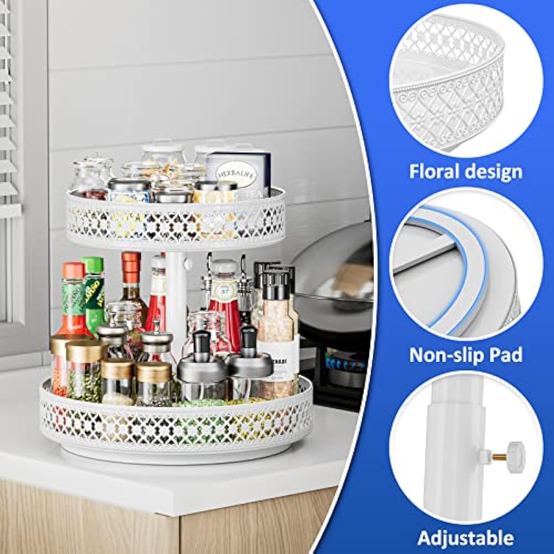 2-Tier Metal Lazy Susan – 12" Adjustable Rotating Spice Rack