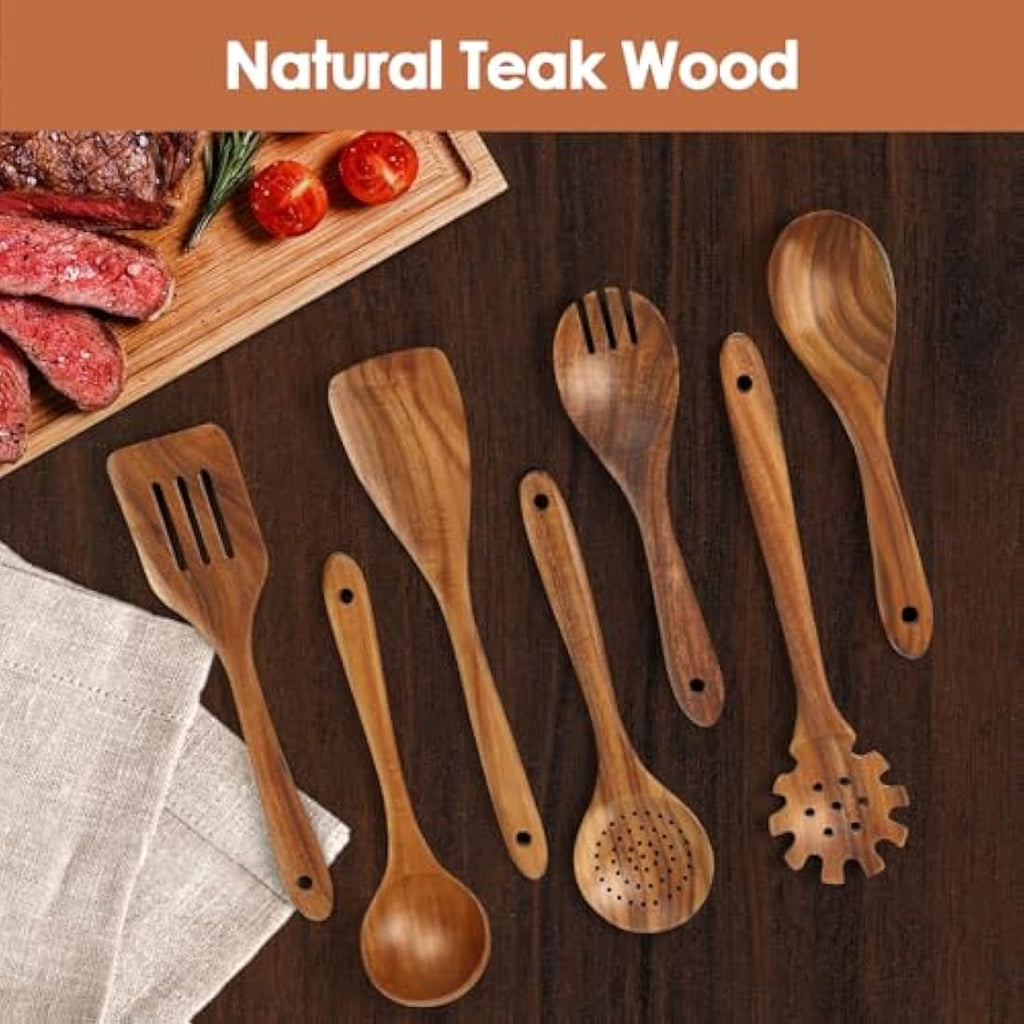 Teak Wooden Spoons – 7-Piece Nonstick Kitchen Utensil Set