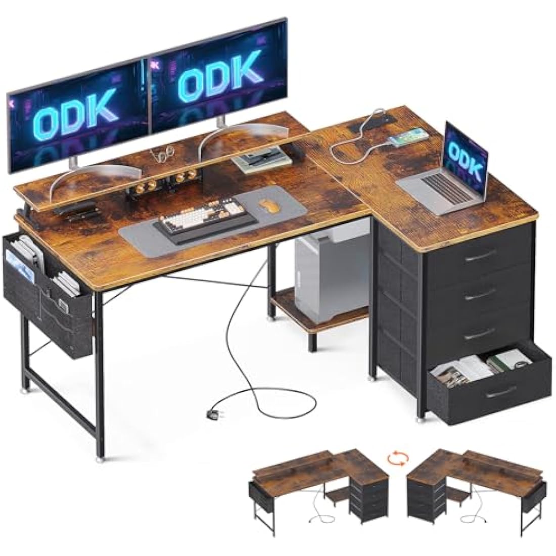 ODK L-Shaped Corner Desk with Drawers, Power Outlets & Monitor Stand